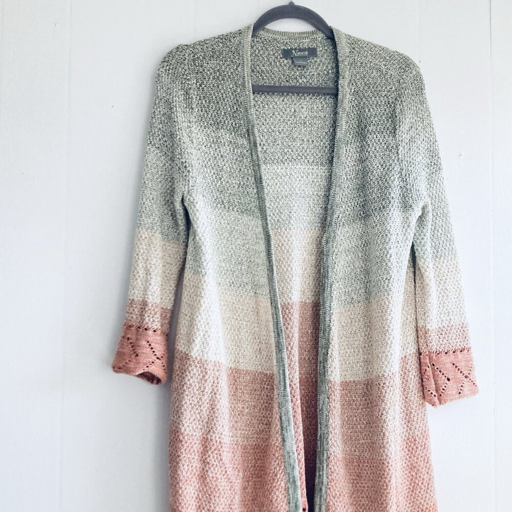 Natural Reflections Duster Sweater Peach Multicolor Ombré Long Lacy Cardigan M - Picture 4 of 9
